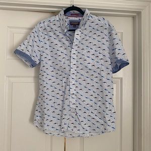 Johnston & Murphy Printed Cotton Short-Sleeve Shirt in White/Blue Shark. Size M